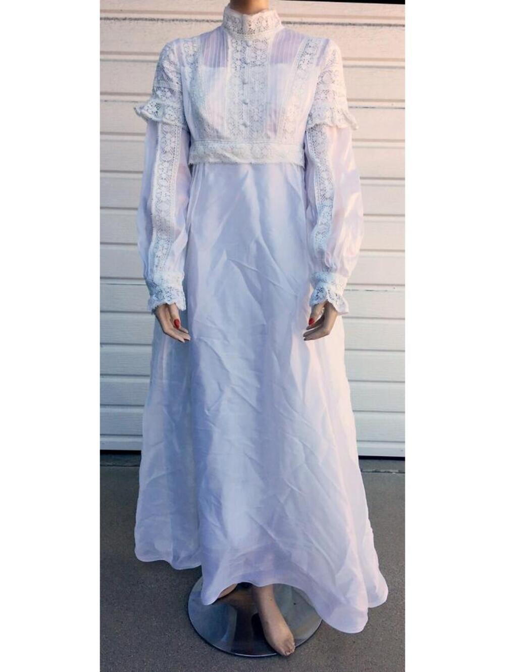 Vtg 70's Empire Waist White Wedding Dress Maxi Long Sleeve Victorian sz 8 / 10